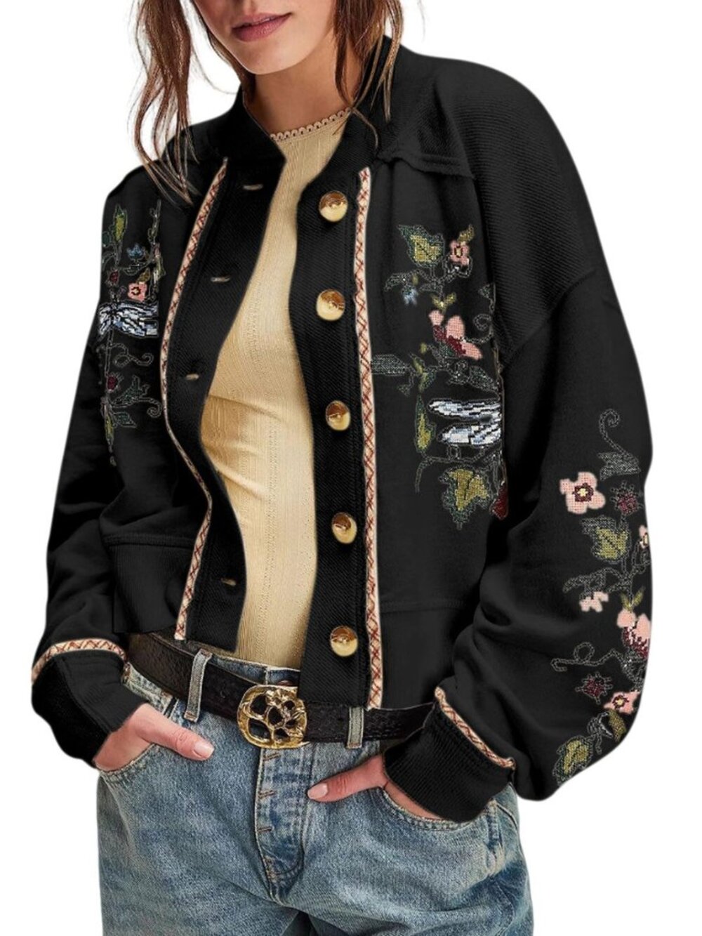 Women Embroidered Sweatshirt Cardigan Button Down Jacket Crop Y2k